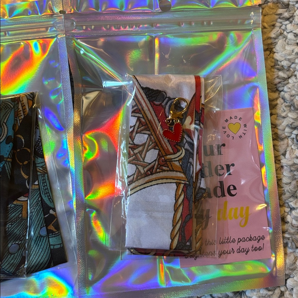 🔅5/$20 Mini Silk Scarf Charm Gift Set – 4 Pc Bundle | Purse Scarf Keychain Charm - Picture 3 of 5